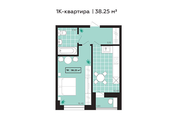 1-комнатная квартира 38,25 м&sup2; в ЖК Зоркий. Планировка