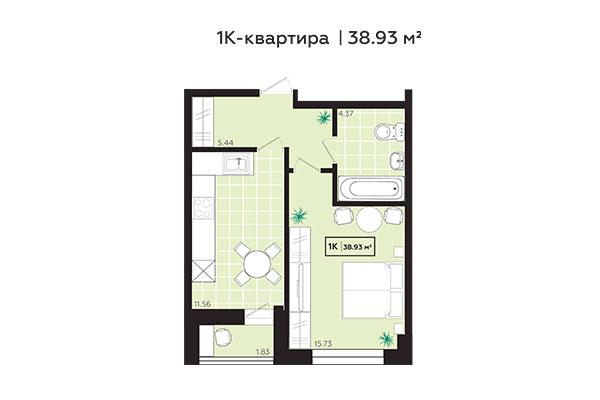 1-комнатная квартира 38,93 м&sup2; в ЖК Зоркий. Планировка