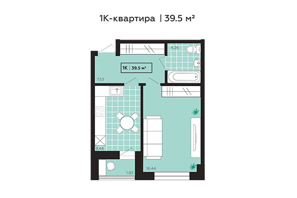 1-комнатная квартира 39,50 м&sup2; в ЖК Зоркий. Планировка