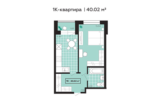 1-комнатная квартира 40,02 м&sup2; в ЖК Зоркий. Планировка