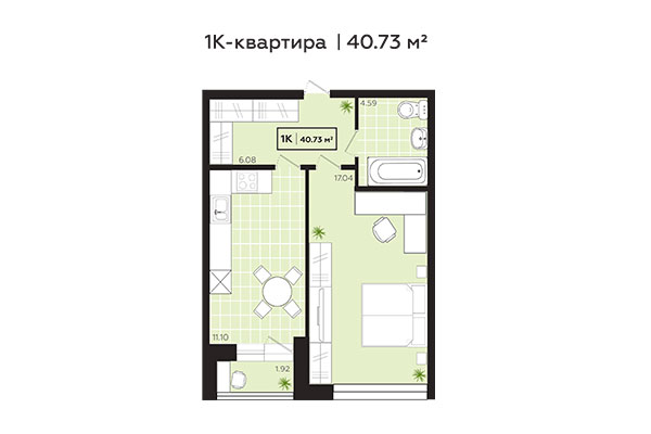 1-комнатная квартира 40,73 м&sup2; в ЖК Зоркий. Планировка