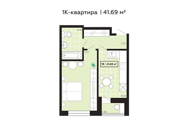 1-комнатная квартира 41,69 м&sup2; в ЖК Зоркий. Планировка