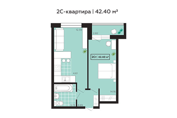 2-комнатная квартира 42,40 м&sup2; в ЖК Зоркий. Планировка