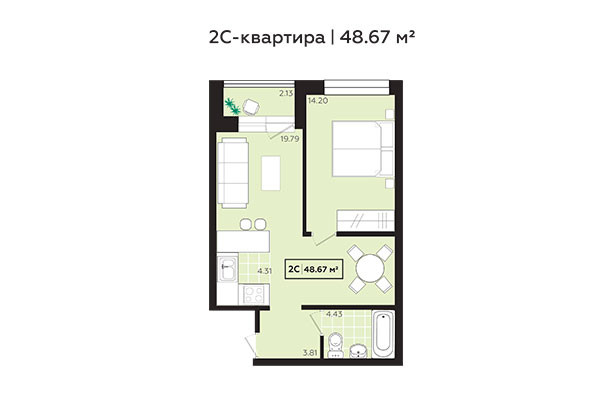 2-комнатная квартира 48,67 м&sup2; в ЖК Зоркий. Планировка