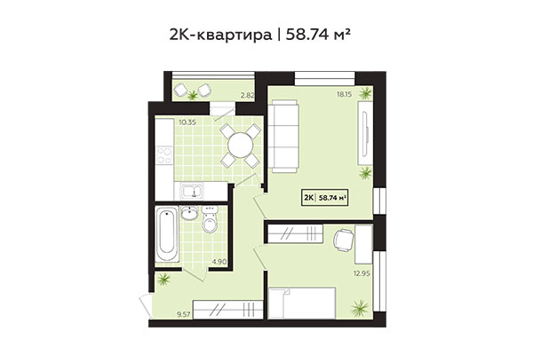 2-комнатная квартира 58,74 м&sup2; в ЖК Зоркий. Планировка