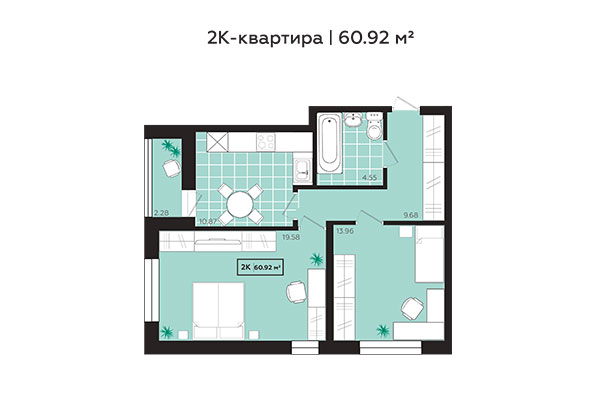 2-комнатная квартира 60,92 м&sup2; в ЖК Зоркий. Планировка