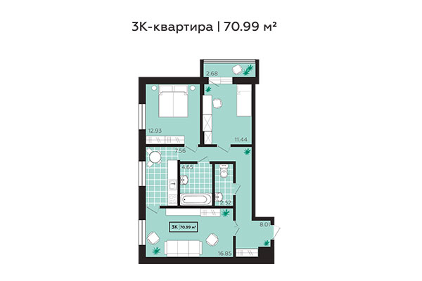 3-комнатная квартира 70,99 м&sup2; в ЖК Зоркий. Планировка