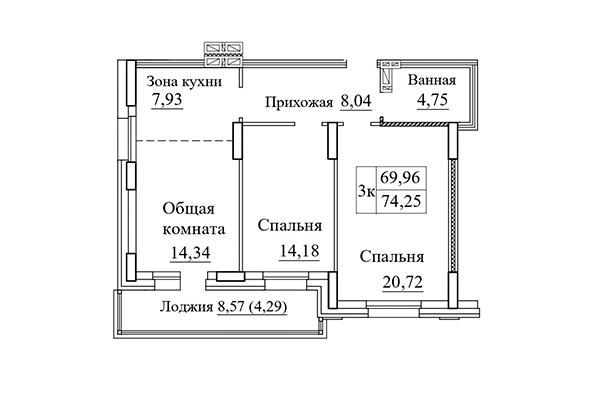 3-комнатная квартира 74,25 м&sup2; в ЖК Дом на Дачной. Планировка