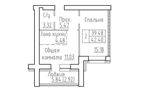 2-комнатная квартира 39,48 м&sup2; в ЖК Кольца. Планировка
