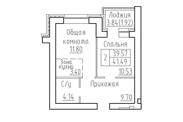 2-комнатная квартира 39,57 м&sup2; в ЖК Кольца. Планировка