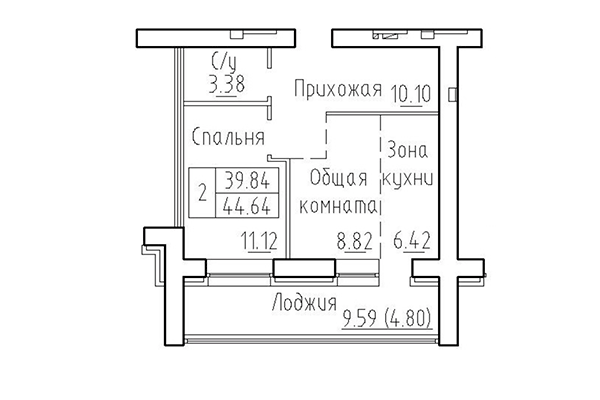 2-комнатная квартира 39,84 м&sup2; в ЖК Кольца. Планировка