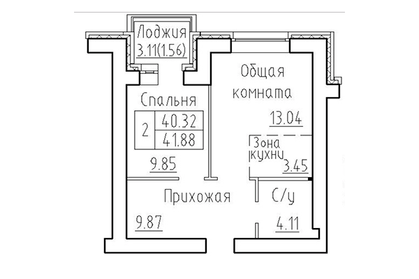 2-комнатная квартира 40,32 м&sup2; в ЖК Кольца. Планировка