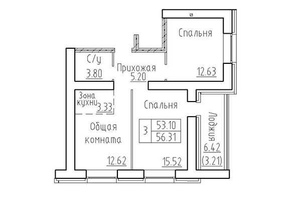 3-комнатная квартира 53,10 м&sup2; в ЖК Кольца. Планировка