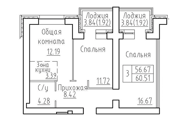 3-комнатная квартира 56,67 м&sup2; в ЖК Кольца. Планировка
