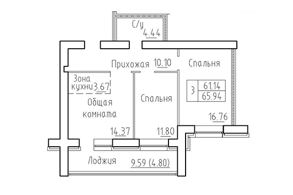 3-комнатная квартира 61,14 м&sup2; в ЖК Кольца. Планировка