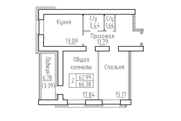 2-комнатная квартира 62,99 м&sup2; в ЖК Кольца. Планировка