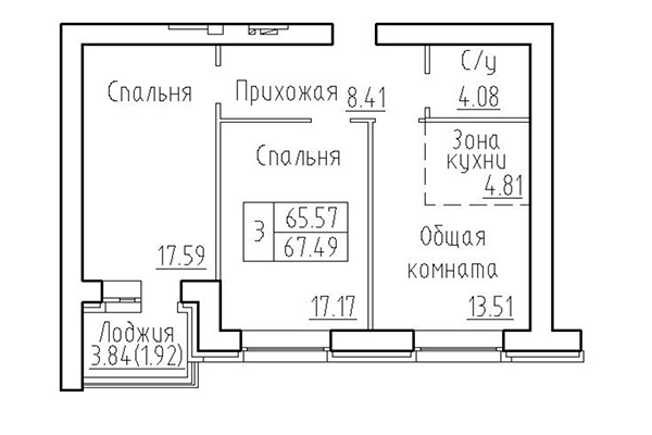 3-комнатная квартира 65,57 м&sup2; в ЖК Кольца. Планировка