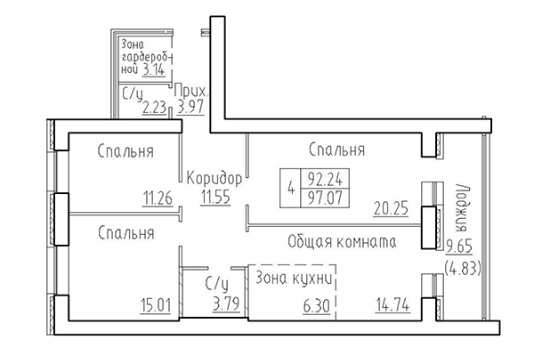 4-комнатная квартира 92,24 м&sup2; в ЖК Кольца. Планировка