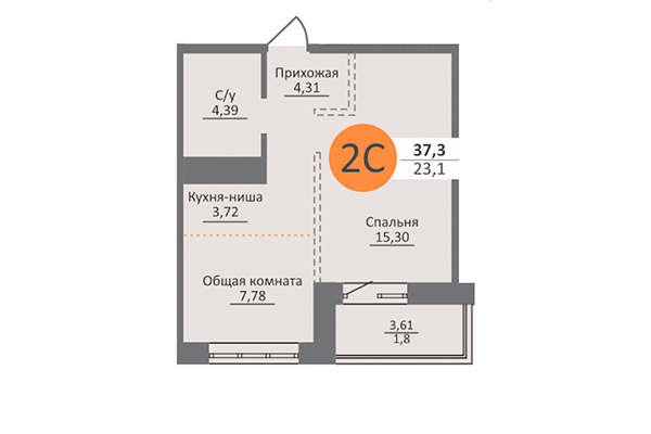 2-комнатная квартира 37,30 м&sup2; в ЖК Облака 2. Планировка