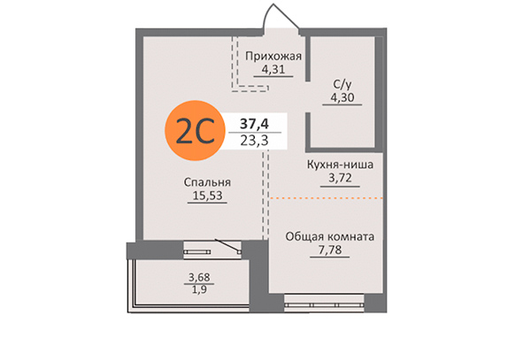 2-комнатная квартира 37,40 м&sup2; в ЖК Облака 2. Планировка