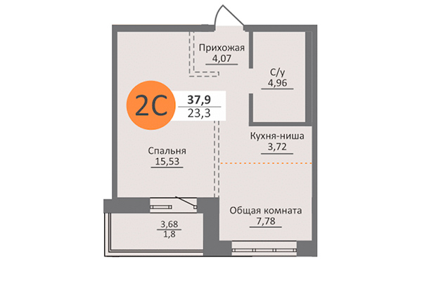 2-комнатная квартира 37,90 м&sup2; в ЖК Облака 2. Планировка