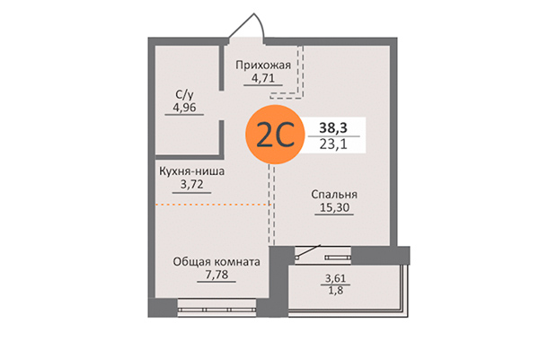 2-комнатная квартира 38,30 м&sup2; в ЖК Облака 2. Планировка