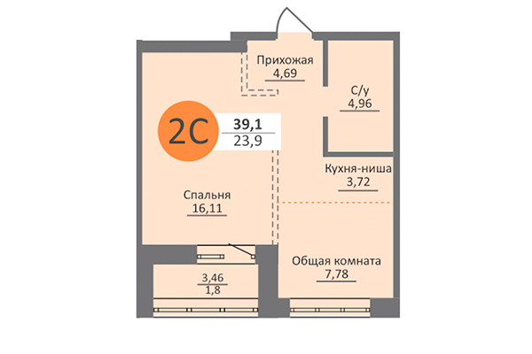 2-комнатная квартира 39,11 м&sup2; в ЖК Облака 2. Планировка