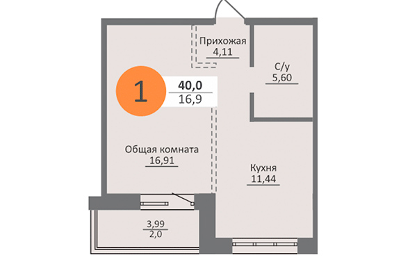 1-комнатная квартира 40,00 м&sup2; в ЖК Облака 2. Планировка