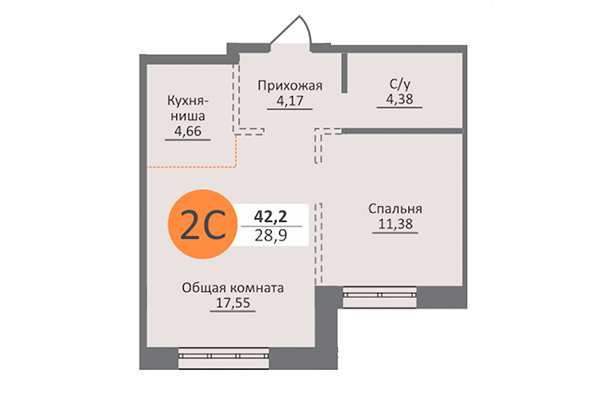 2-комнатная квартира 42,20 м&sup2; в ЖК Облака 2. Планировка