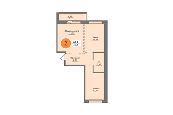 2-комнатная квартира 63,10 м&sup2; в ЖК Облака 2. Планировка