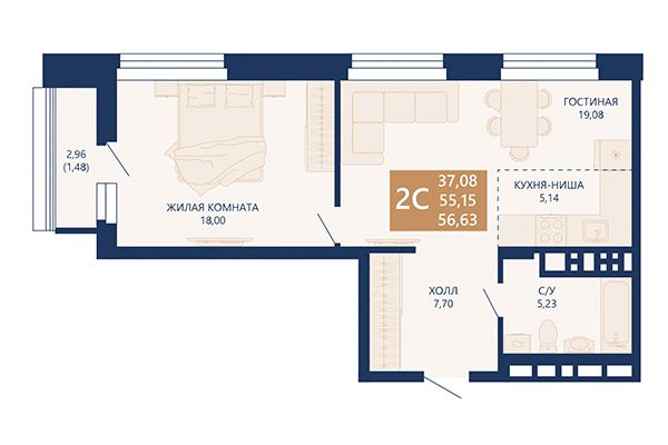 2-комнатная квартира 56,63 м&sup2; в ЖК Легендарный-Северный. Планировка