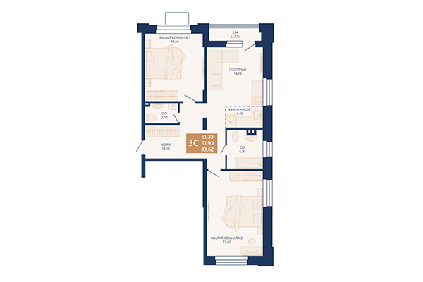3-комнатная квартира 93,62 м&sup2; в ЖК Легендарный-Северный. Планировка