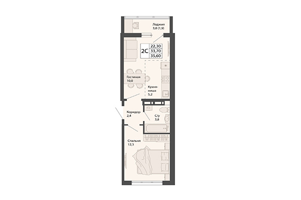 2-комнатная квартира 35,60 м&sup2; в ЖК Родина. Планировка