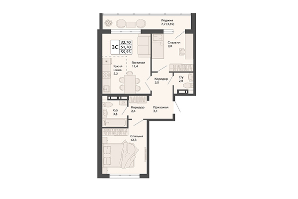 3-комнатная квартира 55,56 м&sup2; в ЖК Родина. Планировка
