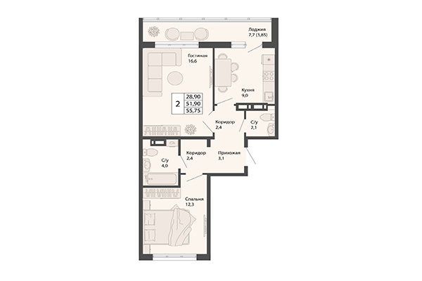 2-комнатная квартира 55,75 м&sup2; в ЖК Родина. Планировка