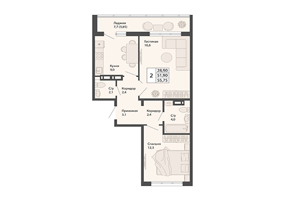 2-комнатная квартира 55,76 м&sup2; в ЖК Родина. Планировка