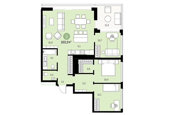 3-комнатная квартира 103,20 м&sup2; в Европейский берег. Планировка