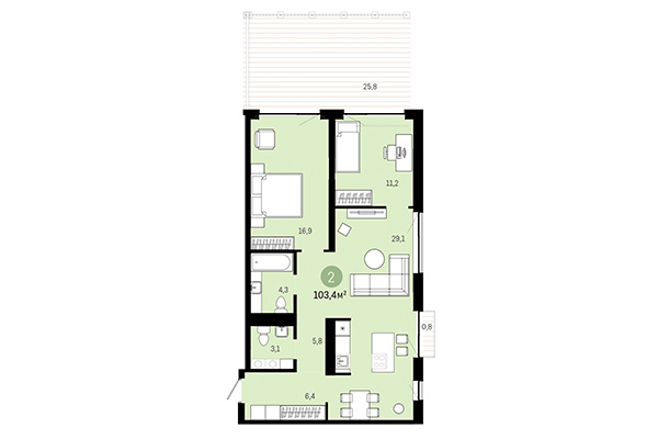 2-комнатная квартира 103,40 м&sup2; в Европейский берег. Планировка