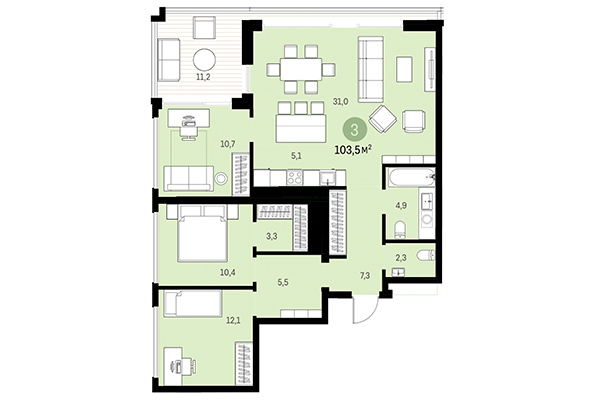 3-комнатная квартира 103,50 м&sup2; в Европейский берег. Планировка