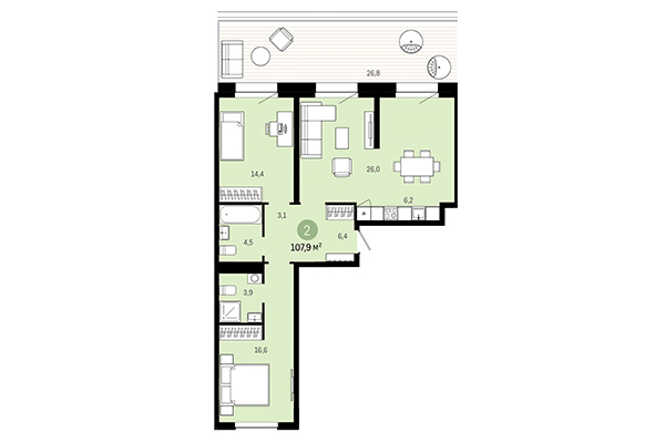 2-комнатная квартира 107,90 м&sup2; в Европейский берег. Планировка