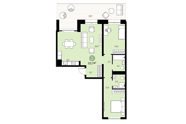 2-комнатная квартира 111,70 м&sup2; в Европейский берег. Планировка
