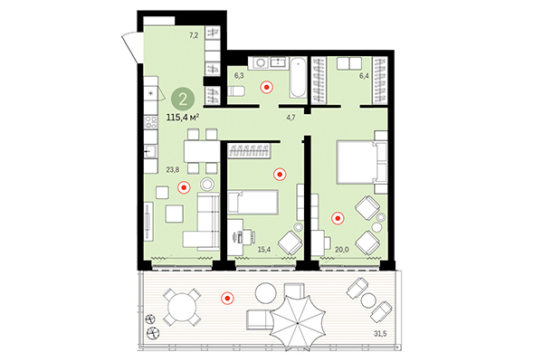 2-комнатная квартира 115,40 м&sup2; в Европейский берег. Планировка