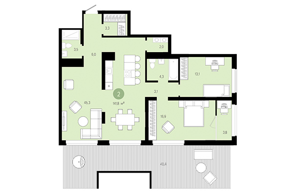 2-комнатная квартира 141,80 м&sup2; в Европейский берег. Планировка