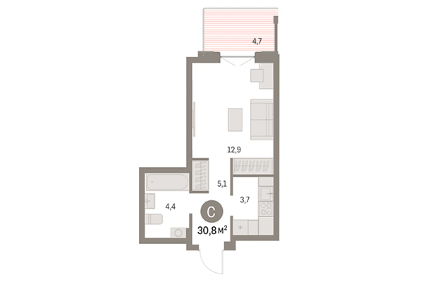Студия 30,80 м&sup2; в Европейский берег. Планировка