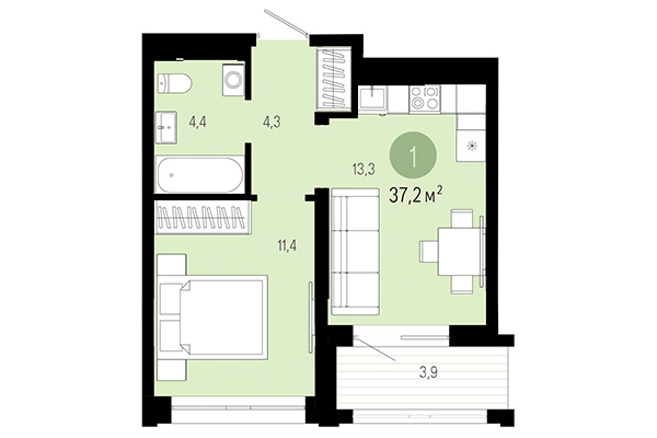 Студия 37,20 м&sup2; в Европейский берег. Планировка