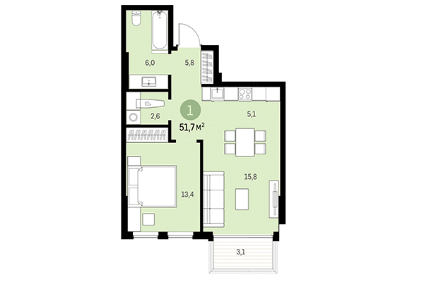 1-комнатная квартира 51,70 м&sup2; в Европейский берег. Планировка