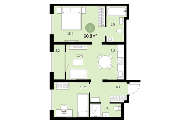 2-комнатная квартира 60,80 м&sup2; в Европейский берег. Планировка