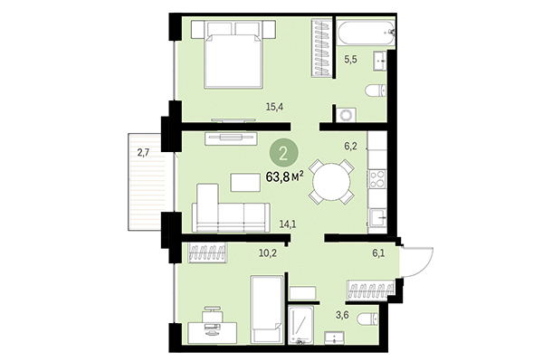 2-комнатная квартира 63,80 м&sup2; в Европейский берег. Планировка