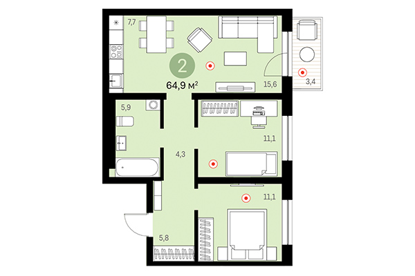 2-комнатная квартира 64,90 м&sup2; в Европейский берег. Планировка