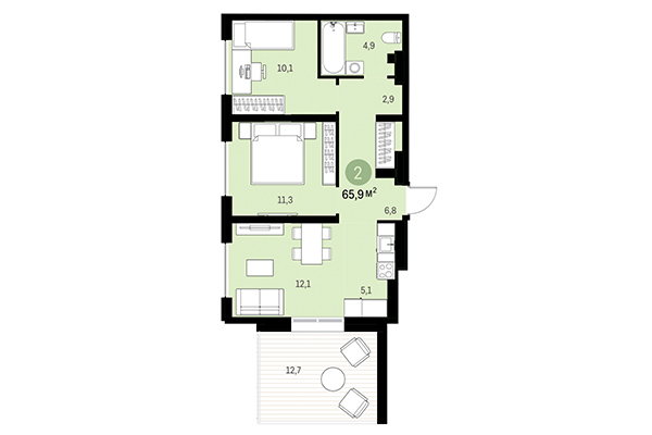 2-комнатная квартира 65,90 м&sup2; в Европейский берег. Планировка